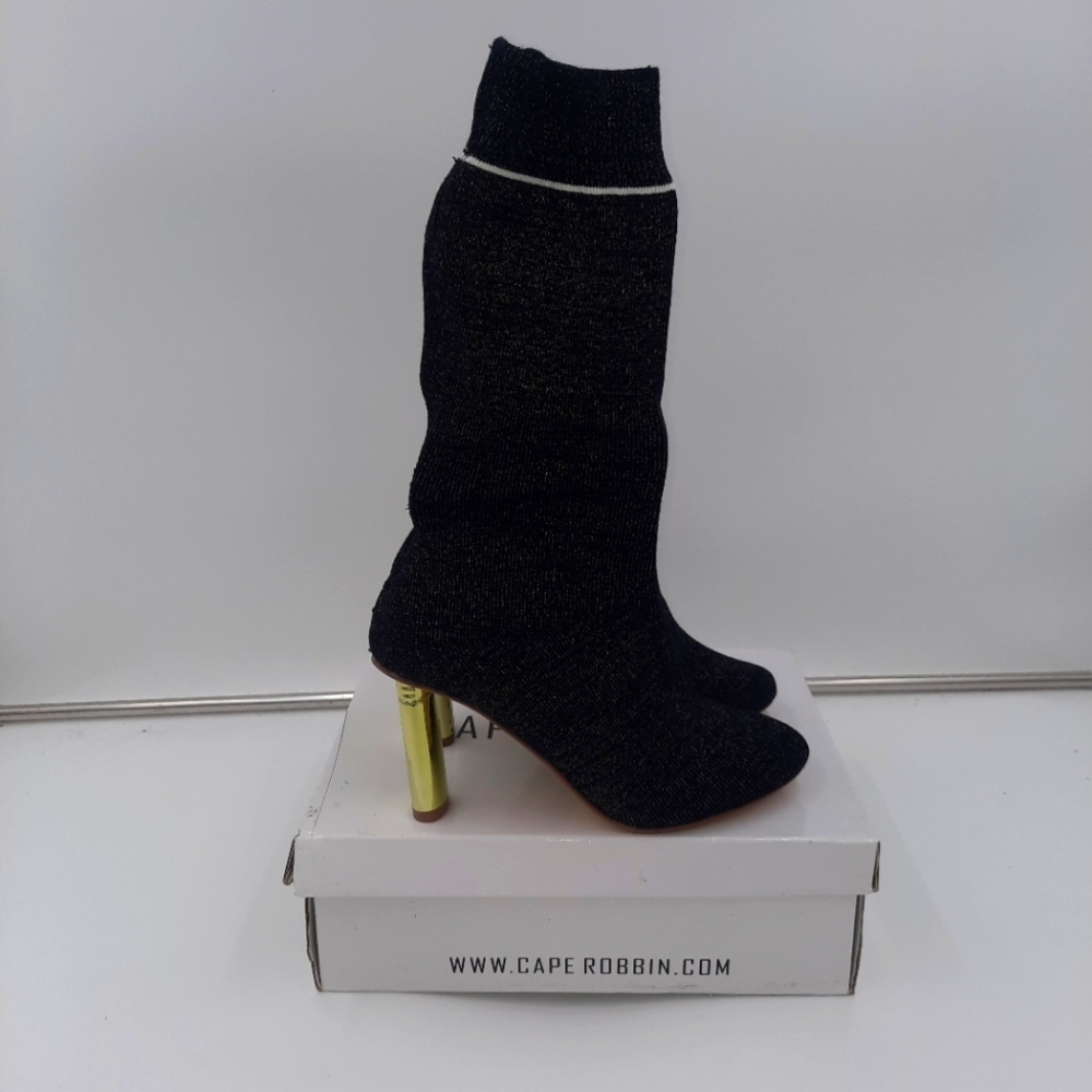 Cape Robbins Dneuce-3 Mid-calf Black Metallic Sock Boots gold tone heels Various